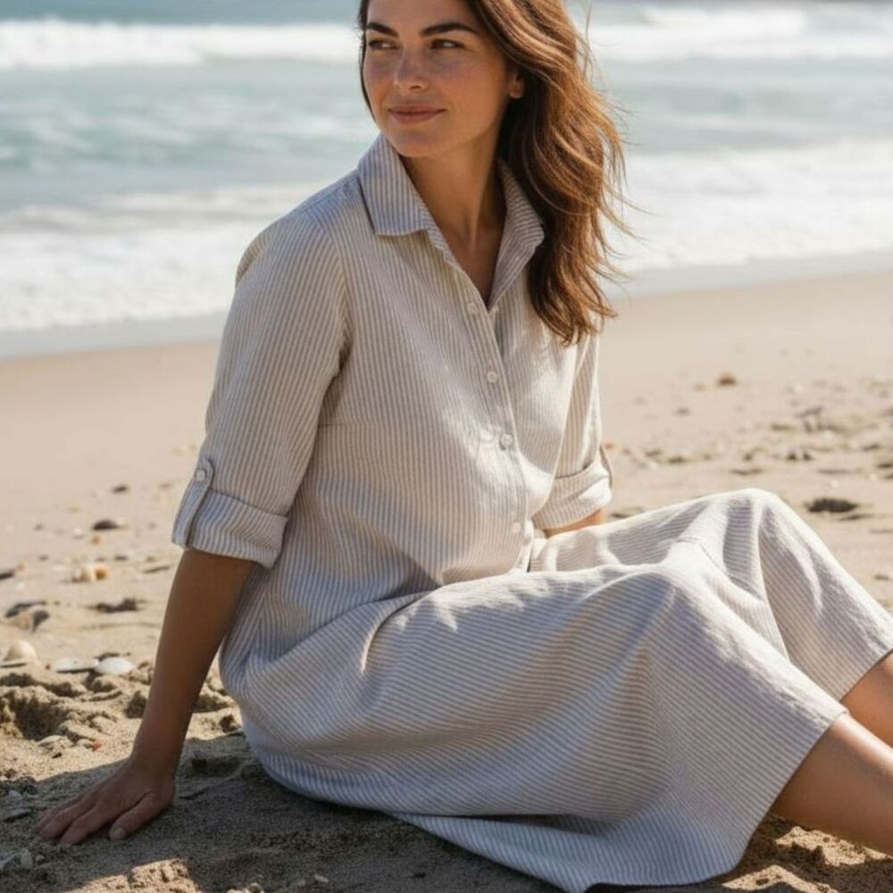 Mersea The Essential Shirt Dress Womens L/XL White Tan Striped Coastal Fisherman
